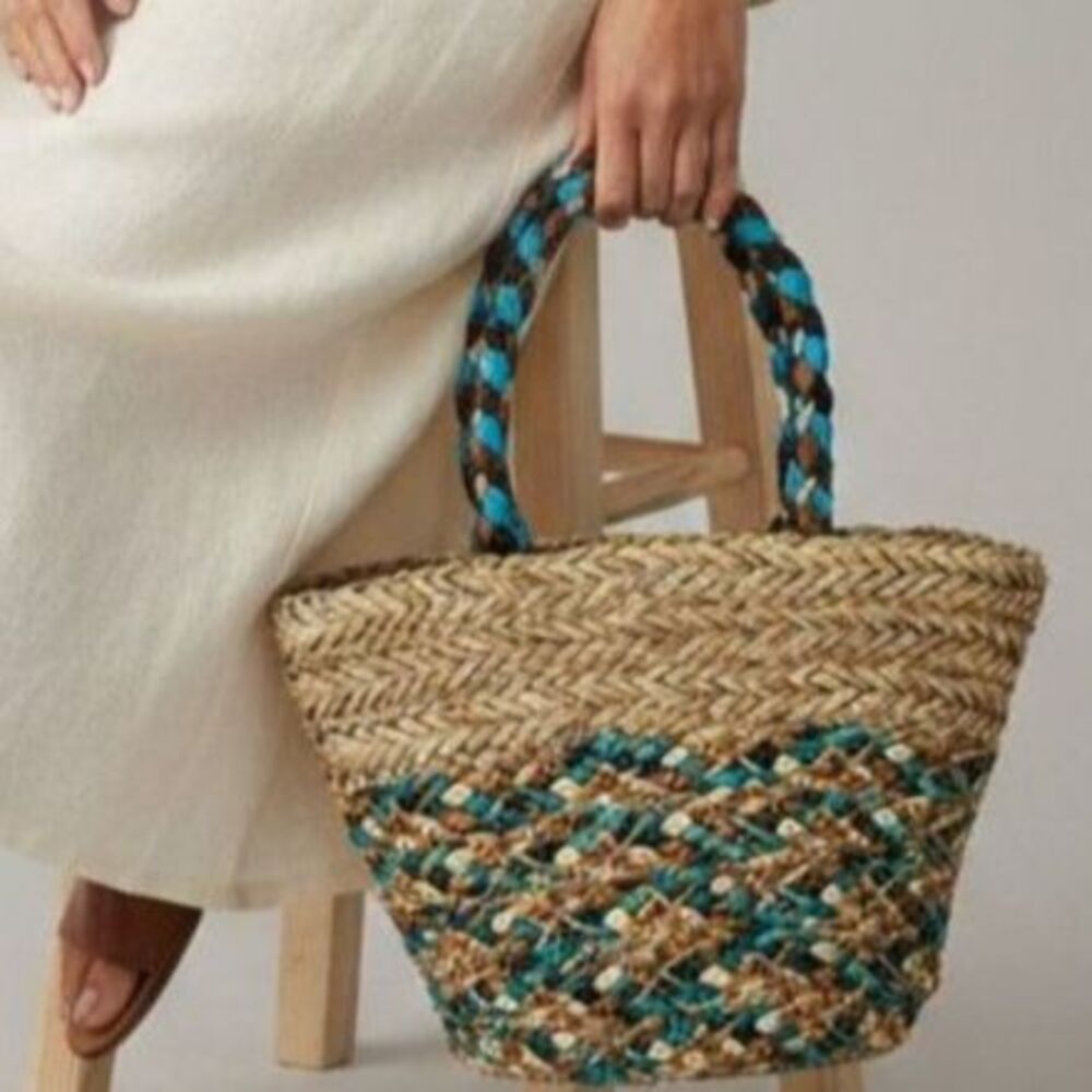 Multicolor Woven Straw Tote Teal Navy Copper Boho Beach Bag - Picture 2 of 9